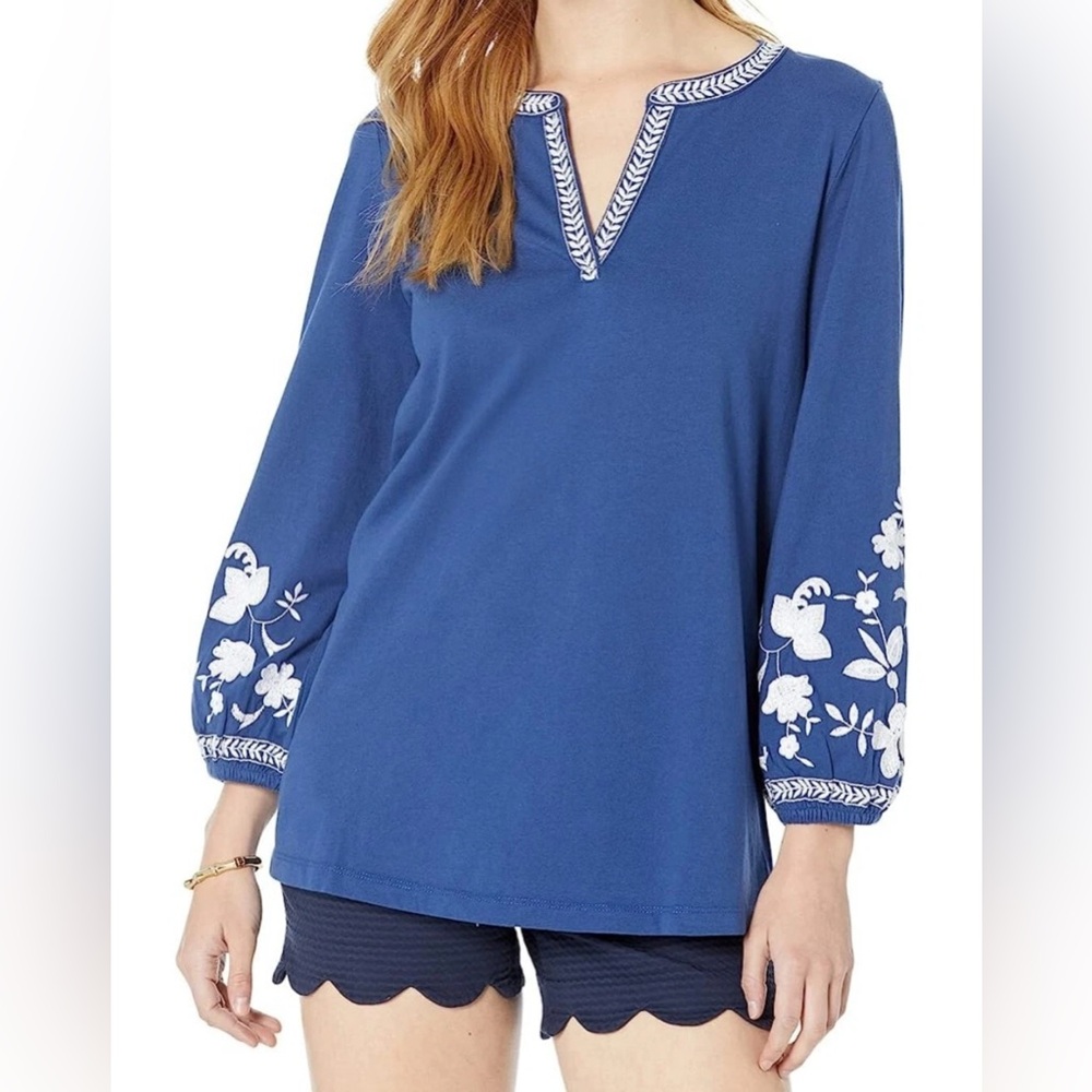Lilly Pulitzer Embroidered Kacia Knit Tunic in Oyster Bay Navy Women's Top Large
